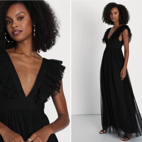 LULU's Sexy FLowy Classy Prom Wedding Boho Chic Tulle Ruffle Maxi - Picture 3 of 4